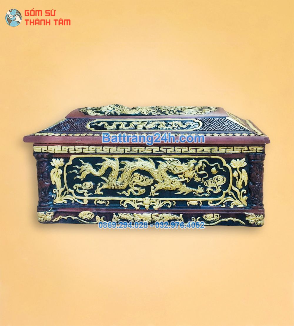 Quách tiểu men gốm tứ trụ vẽ nhũ vàng hoa văn khắc nổi tỉ mỉ chi tiết